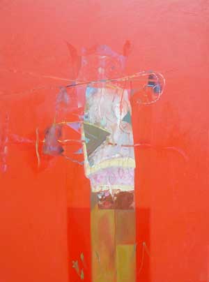 Abstract painting of a person on a red background