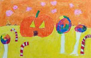 Illustration of a pumpkin surrounded by candy