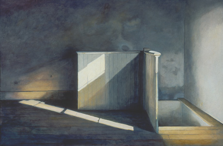 Painting of an empty room with a stairwell and half-height wall