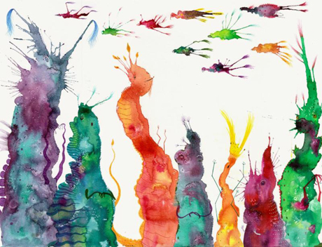 Abstract multicolored blobs resembling creatures