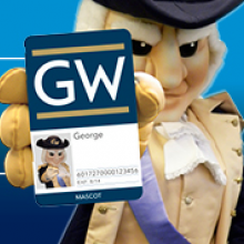 GWorld ID Card with big "GW" being held up by a George Washington Colonial Mascot in costume with old fashioned clothes and mask