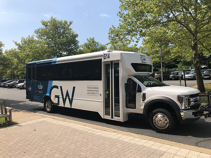 picture of new shuttle bus painted with GW colors and logo