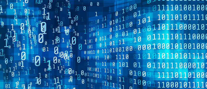 0's and 1's binary data floating on background of shades of blue