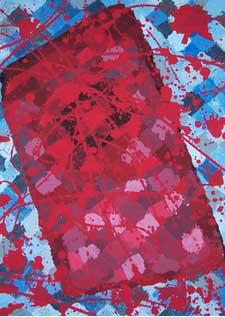 Abstract painting of red and blue squares