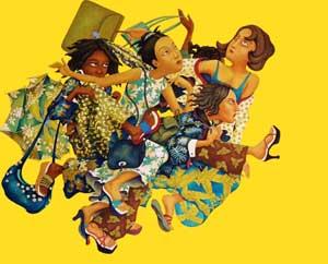 Painting of four women on a yellow background