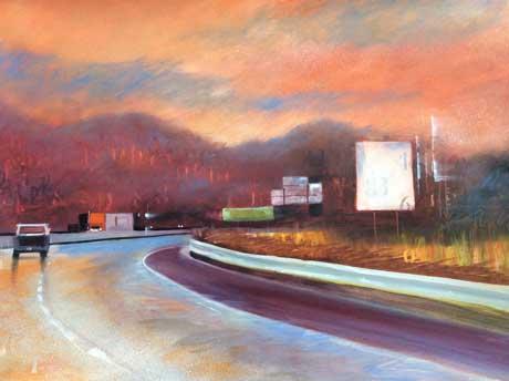 Painting of a road at sunset