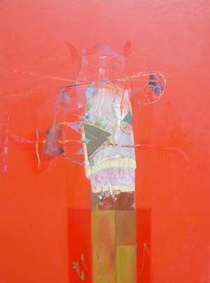 Oil painting of abstract figure in white on a red background