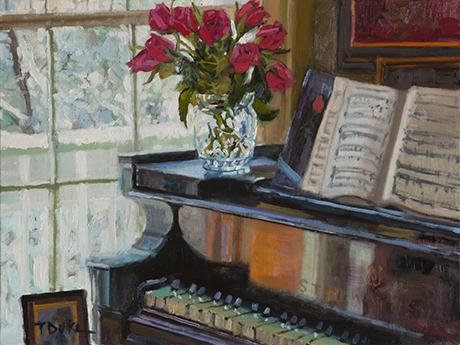 Painting of a piano with a flower vase on it